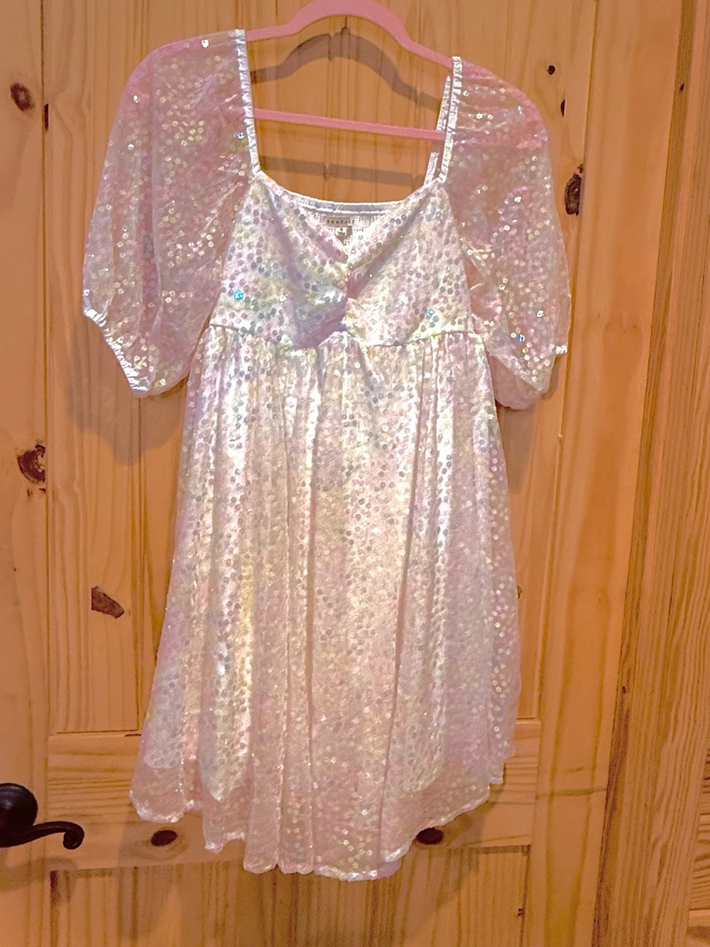 Iridescent White Sequin Puff-Sleeve Mini Dress